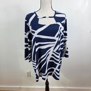 Clara Sunwoo Tunic Top Women Large Blue White Cutout Neck Abstract Geometric 3/4